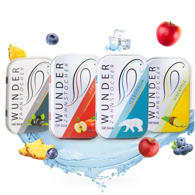 Produktbild von Wunder Zahnstocher mit Geschmack - 4er Starter Pack - 4 Sorten - 400 Stück - Metallbox - zuckerfrei vegan - frischer Atem - Alternative zu Kaugummi