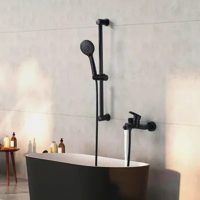 Produktbild von Badewannenarmatur Schwarz Wannenarmatur mit Handbrause Brause Mischbatterie Badewanne Wasserhahn und Brausestange Brauseschlauch, Armatur Badewanne Duschsystem Duscharmatur Set