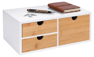 Image de Boîte de rangement Relaxdays, en bambou et MDF, avec 3 tiroirs, dimensions : 13,5 x 33 x 21 cm, organisateur de bureau, blanc/naturel, Image générée par une IA