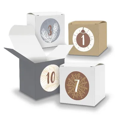 Produktbild von Adventskalender zum Füllen 24x Würfel 5cm GRAU + BRAUN + WEISS + Sticker V16 Z15