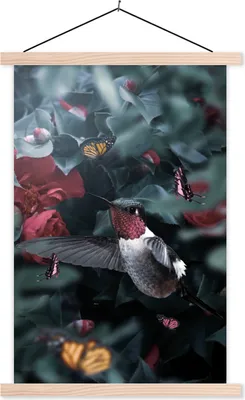 Produktbild von MuchoWow® Textilposter Kolibri - Rosa - Schmetterlinge 60x90 cm mit holzfarbenen Rahmen - Textil