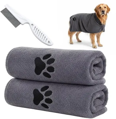 Productafbeelding van Unyqoos® Verzorgingsset – 2 absorberende microvezelhanddoeken + kam voor honden en katten, extra zacht, machinewasbaar en geschikt voor de droger