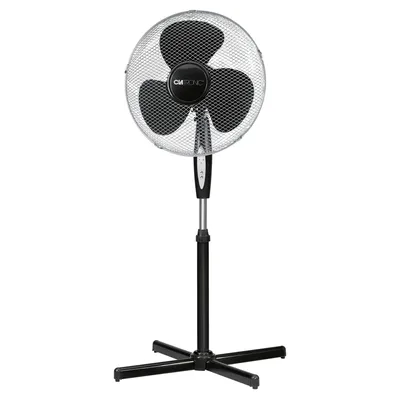 A black and silver stand fan is shown against a white background.