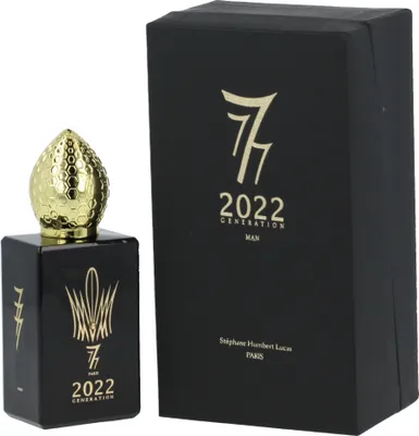 A black perfume bottle with a gold cap and a black perfume box are displayed side-by-side on a white background.