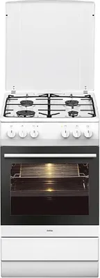 A front view of a white freestanding gas stove with an electric oven.