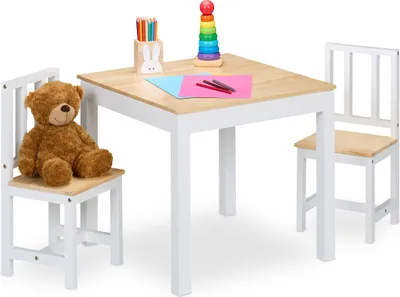 Produktbild von Relaxdays Kindersitzgruppe, 3-tlg., Kindertisch mit 2 Stühlen, Mädchen & Jungen, Sitzecke fürs Kinderzimmer, weiß/natur