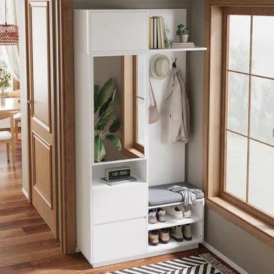 Image de okwish Meuble d’entrée avec penderie et banc à chaussures, armoire de couloir compacte avec miroir et crochets, blanc