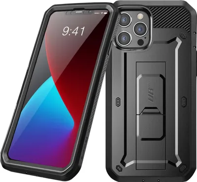 A black rugged phone case with a kickstand is shown next to an iPhone 12 Pro Max.