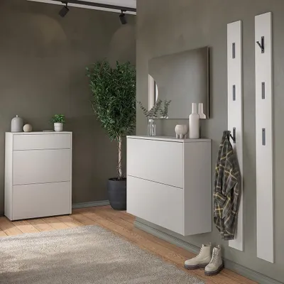 Produktbild von Garderoben-Set mit Spiegel & 2 Garderobenpaneelen in beige und Eiche, 5-teilig - BAIANO-01