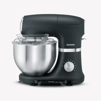 Produktbild von Severin Küchenmaschine mit Waage, Knetmaschine bis 3kg Kuchenteig, Teigmaschine mit Knethaken, Flachrührer und Schneebesen, 1.000W, Edelstahl, KM 3898