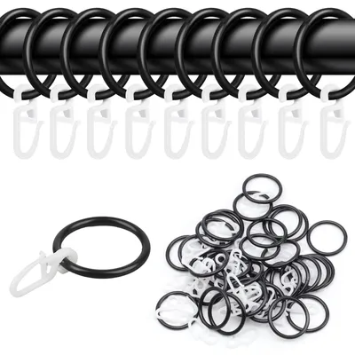 Image de Anneaux à crochet pour rideaux, lot de 50, diamètre intérieur 30 mm, anneaux en métal noir avec crochets en plastique, pour suspendre des rideaux et des rideaux de douche.
