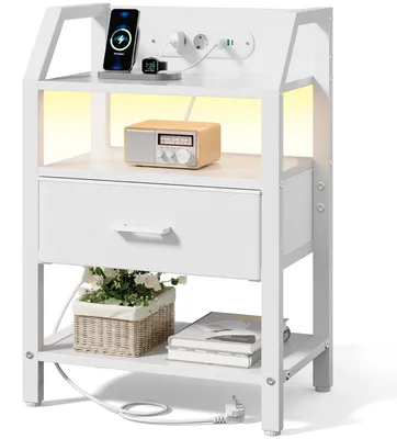Zdjęcie produktu dla Nocna szafka - stolik nocny z funkcją przechowywania - porty USB i gniazdko elektryczne - 1 szuflada z materiału - metalowa konstrukcja - nowoczesny design - biały
