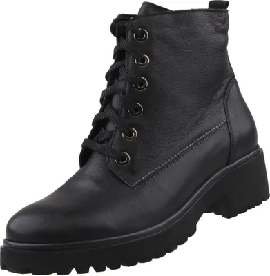 A black leather lace-up boot with a thick sole, shown from a side angle against a white background.