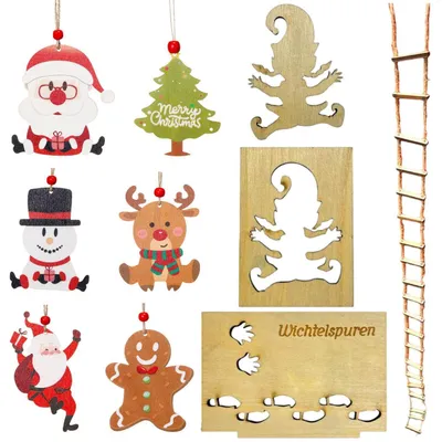 Lustige Elfendeko mit 6 Holz-Weihnachtsanhängern, 1 Set