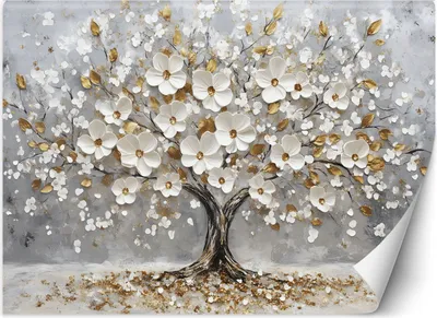 Produktbild von Vlies fototapete Baum Weiß Blume Blätter Gold 450x315 cm Feeby Weiß inkl. Kleber einfache Montage