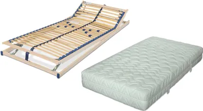 A slatted bed frame and a mattress are shown side-by-side on a white background.