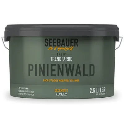 Produktbild von SEEBAUER diy Trendfarbe Dunkelgrün 2,5L (No. T09 Pinienwald) für den Innenbereich - Edelmatte Wandfarbe Grün - Hochdeckende Innenfarbe in Profi-Qualit