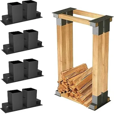 Produktbild von JOIEYOU Holzstapelhilfe für Kaminholz 4 Stück Brennholz Stapelhilfe Holzstapelhalter Stabile Gestell Holz Kaminholzregal Für Innen- und Außenbereich, Schwarz - 30x10x15cm