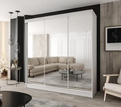 Produktbild von Schwebetürenschrank 3-türig 250x205 cm weiß mit 3 Spiegeln – Moderner Kleiderschrank für Schlafzimmer und Flur