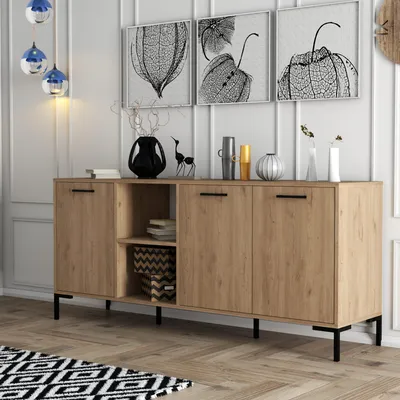 Produktbild von Skye Decor, Hochwertiger Konsolentisch, Eiche, 180 x 80 x 45 cm | 100% melaminbeschichtete Spanplatte, 18 mm dick | Metallbeine, zahlreiche Regale, wandmontierbar, skandinavisches Design.