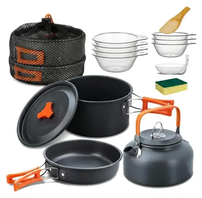 Obrázok produktu pre Sada kuchynského vybavenia na kemping, 10-dielna, z hliníka, skladacia, pre 2-4 osoby, vhodná na outdoorové aktivity, pikniky a grilovanie