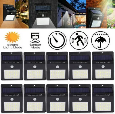 A collage of solar-powered wall lights, showing different installation scenarios, features, and multiple units of the product.