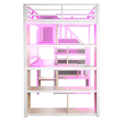 Produktbild von Flieks Etagenbett Metallbett 90x200cm mit Schreibtisch und Regal, Hochbett Jugendbett mit Led, Stockbett Einzelbett mit Stange, Kinderbett Weiß