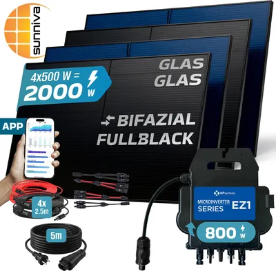 Produktbild von SUNNIVA® 2000W Balkonkraftwerk BIFAZIAL FULLBLACK komplett Steckdose AP Systems EZ1-M 800W Wechselrichter, Komplettset 4x 500W Solaranlage Solarmodule