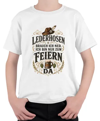 Produktbild von Lederhosen brauch ich ned ich bin nur zum Feiern da Dirndl Wiesn Kinder T-Shirt, Weiß, 128