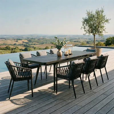 Produktbild von Gartenmöbel Set SUNNY mit ausziehbarem Esstisch und 8 Stühlen, Esstisch Gestell aus Alu in schwarz, Seilbespannung der Stühle in grau, Essgruppe inkl. Sitzkissen, Terassenmöbel