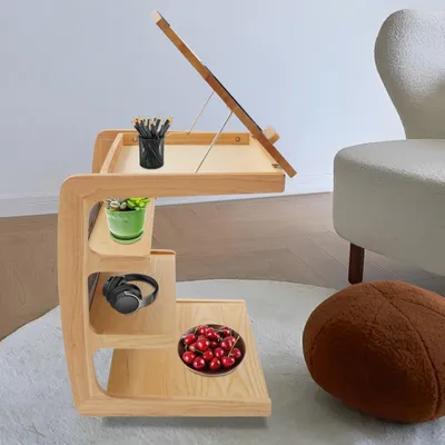 Image de Table d'appoint mobile de forme en C, moderne, avec 4 étagères et des roulettes verrouillables