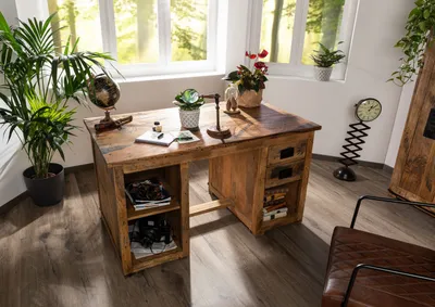 Produktbild von MASSIVMOEBEL24 Schreibtisch Mango 140x80x76 natur lackiert RAILWAY #161