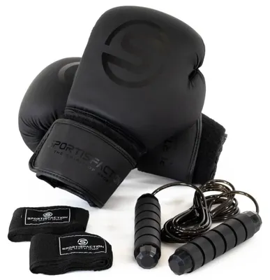 Productafbeelding van Sportisfaction bokshandschoenen, 8 oz set, inclusief bandages en springtouw, zwart, gemaakt van Polyurethanleer