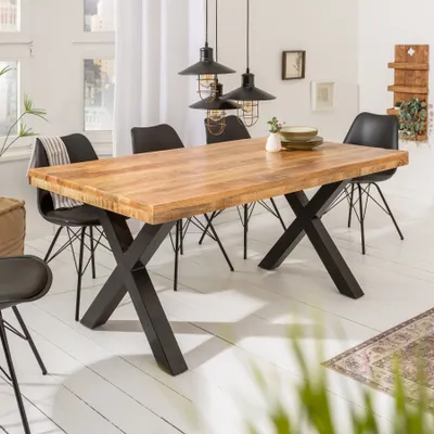 A dining table with chairs in a well-lit room.