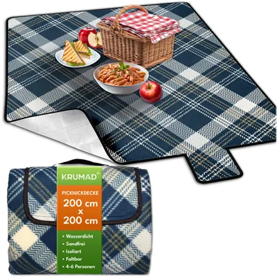 Produktbild von KRUMAD Picknickdecke Wasserdicht 200x200 cm XXL Isoliert Outdoor Campingdecke Faltbar mit Tragegriff Marineblau Beige
