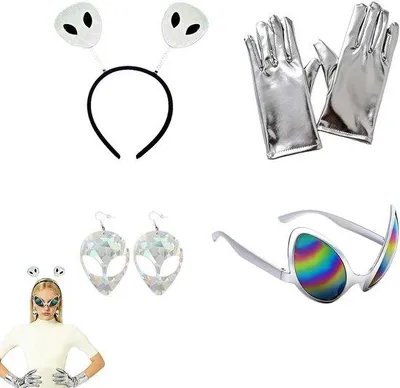 Produktbild von Holografisches Alien-Kostüm-Set mit Hauptband, Sonnenbrille, Ohrringen und Handschuhen - Ideal für Rollenspiel, Feiern und Festivals für alle Altersgruppen