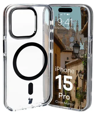 A transparent phone case with a black magnetic ring is shown next to an iPhone 15 Pro displaying a street scene.