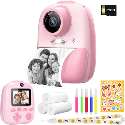 Produktbild von Dětský fotoaparát Digitální fotoaparát Tisk Okamžitý 26MP videokamera Fotoaparát s 32GB paměťovou kartou, 3 role tiskového papíru, 5 barev Štětcové pero Dárek pro děti, růžový