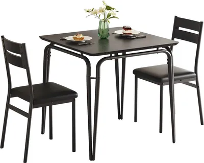 Produktbild von Essgruppe 2 Personen – Quadratischer Küchentisch mit 2 Stühlen – MDF & Stahl – Rustikal Braun/Grau – platzsparendes Set