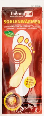 Packaging for foot warmers with an illustration of a foot.