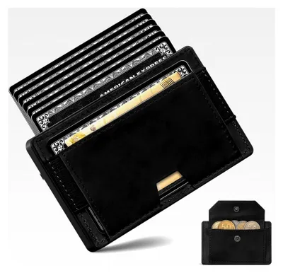 Produktbild von Slim Wallet für Herren mit XXL Münzfach für über 15 Münzen | Kartenetui mit Bargeldfach | Platz für 9 Karten | Geldbörse mit RFID-Schutz | Portemonnaie in Schwarz