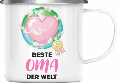 Produktbild von Trendation - Beste Oma Der Welt Geschenk Emaille Tasse Emaille Emaille Tasse Spruch Lustig von Enkel zum Geburtstag Weihnachten (Silber)
