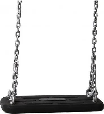 A black swing seat with metal chains, isolated on a white background.
