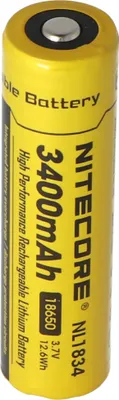 A close-up studio shot of a Nitecore 18650 rechargeable lithium-ion battery.