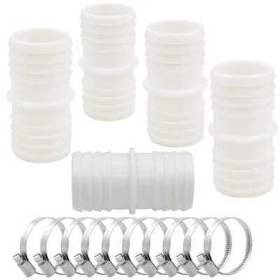 Productafbeelding van Vijf verbindingsstukken voor zwembadtubes, diameter 38 mm, met 10 klembanden van wit polypropyleen