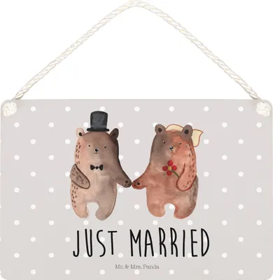 Produktbild von Mr. & Mrs. Panda Schild Bär Heirat DIN A5 - Grau Pastell - Geschenk, kleine aufmerksamkeit, holzbild, Teddy, Türschild, hängeschild, Wandbild Holz