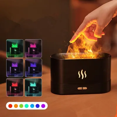 A hand is shown interacting with a flame-shaped aroma diffuser, with smaller inset images showcasing different color options and a color spectrum.