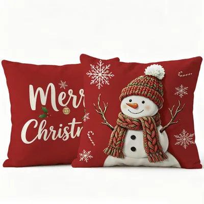 2er Set Kissenbezüge 45x45 cm, rot, Schneemann, Weihnachten
