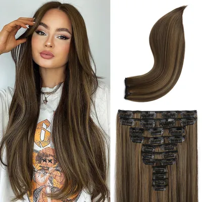 Image de Extensions de cheveux à clipser, ensemble de 11 pièces, longueur 61 cm, couleur marron foncé avec mèches, matière synthétique