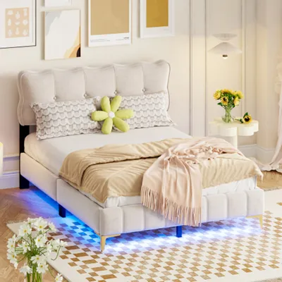 Produktbild von Polsterbett 140 x 200 cm, Jugendbett, Doppelbett mit LED-Leuchten mit Rückenlehne mit Lattenrost Samtstoff Beige